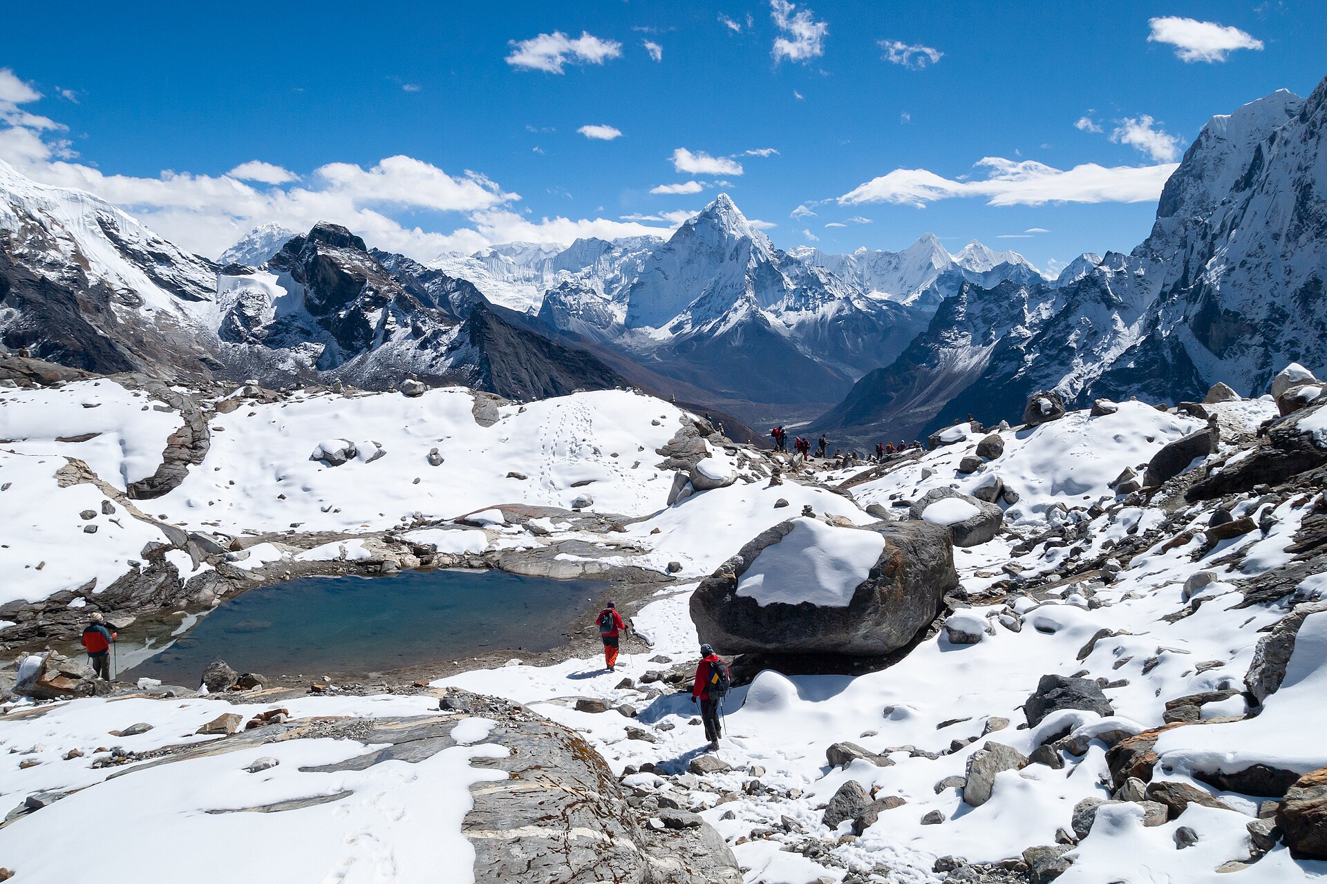 Snow-covered mountains and a high alpine lake in the Himalayas